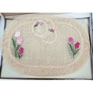 Handwoven Raffia Straw Oval Placemats Round Coasters Embroidered Pink Tulip 4 ea